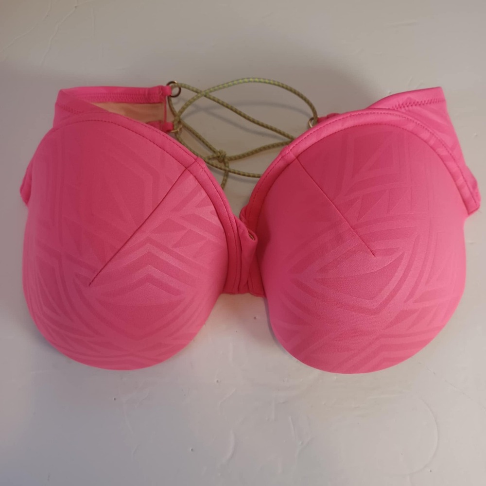 Victorias Secret The Beach Bandeau Bikini Top Pink Geometric 36D Palm Tree Charm